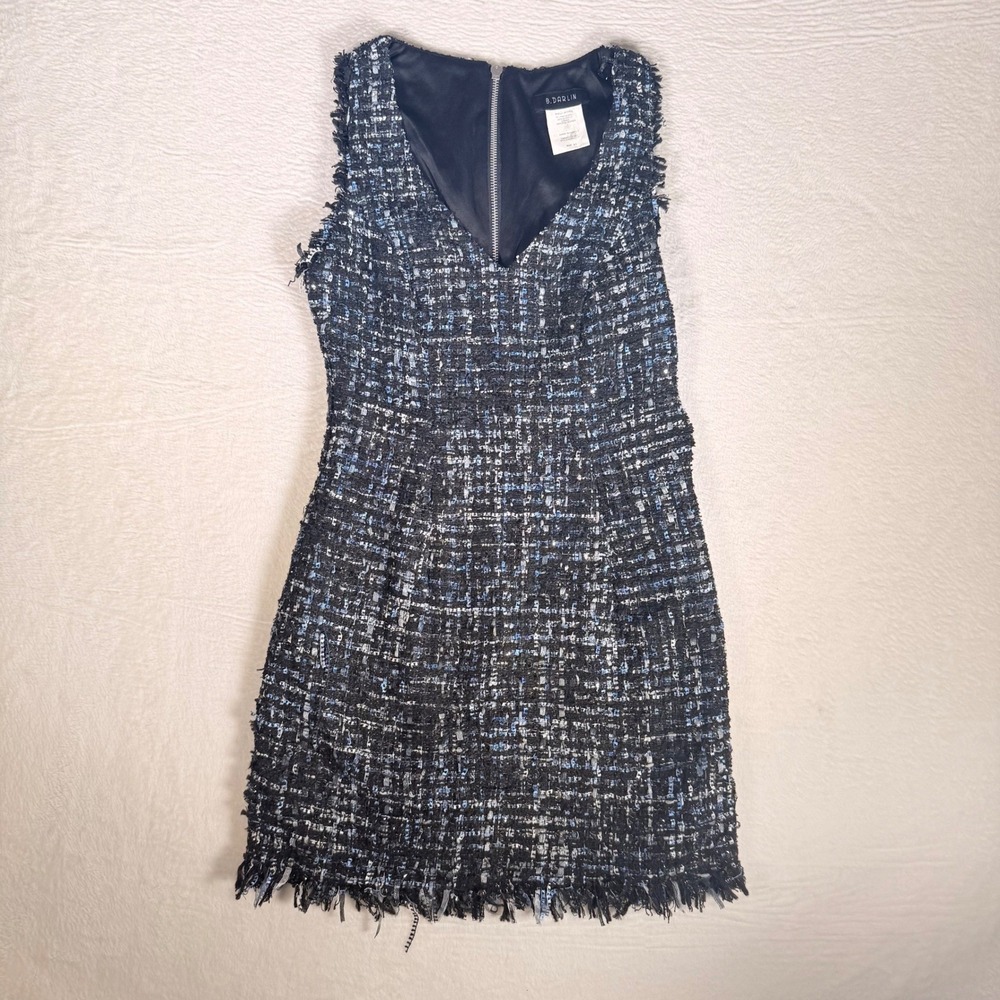 B Darlin‎ Womens Black Blue Tweed Fringe Sleeveless Sheath Dress Size 3/4